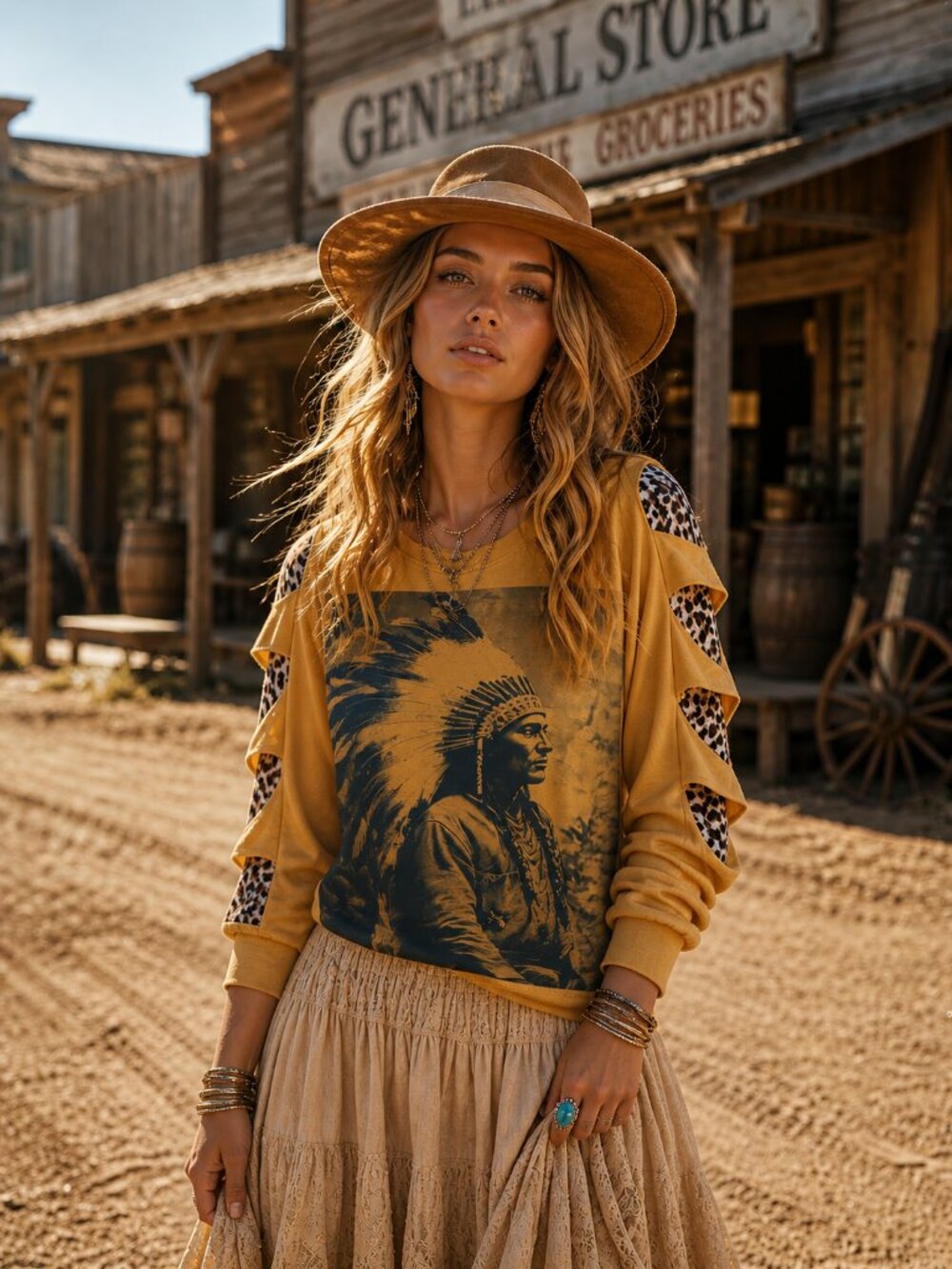 Long-Sleeve Graphic Tee Indian Profile in Yellow with Leopard Print